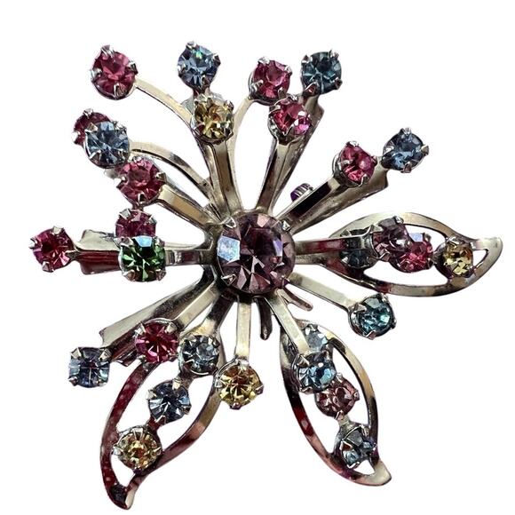 Jewelry - Vintage Brooch Pin Silver Tone Filigree Starburst  Multicolored Lucite Crystals